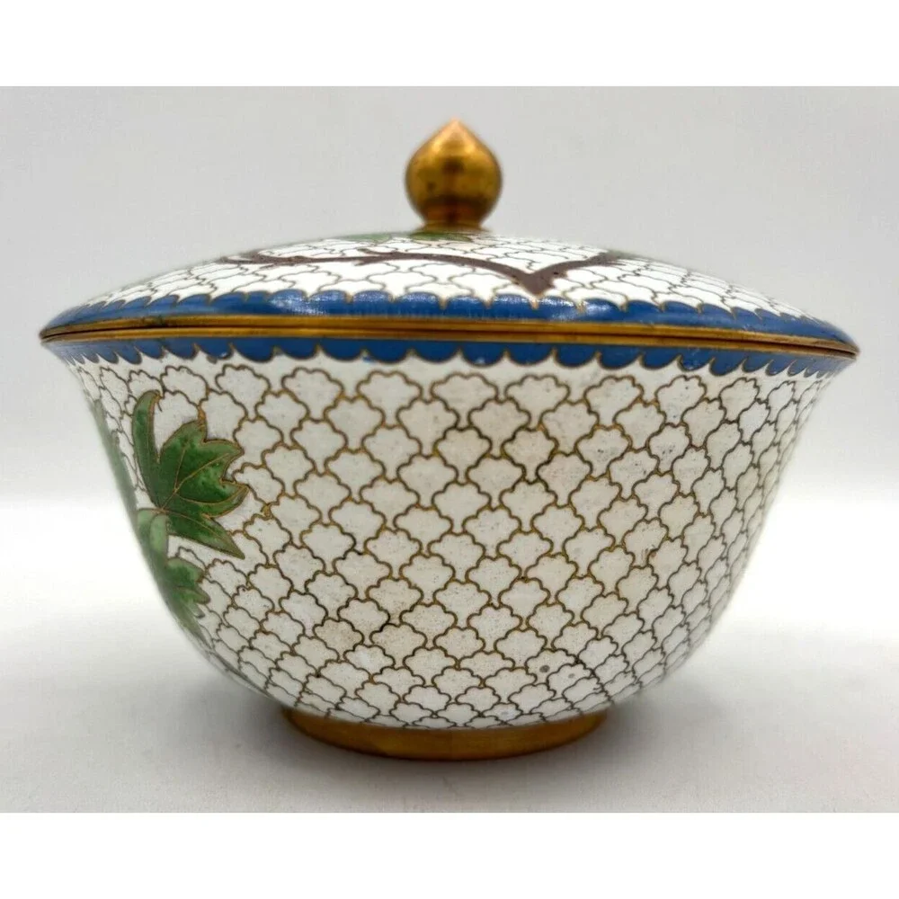 Vintage Chinese Cloisonné Enamel on Bronze Lidded Bowl Trinket Dish‎ Floral Teal